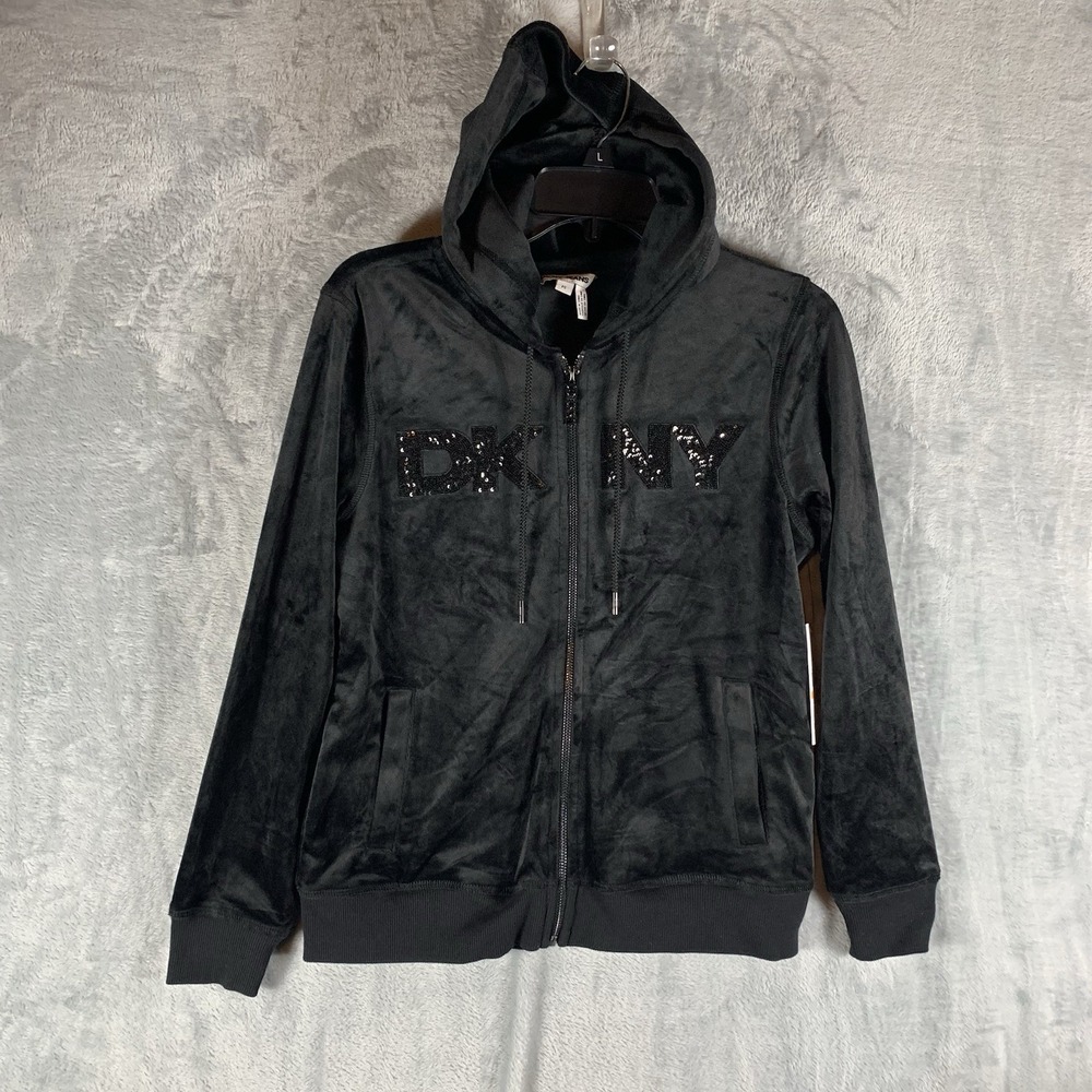 DKNY Women's Velour‎ Hoodie Petite S Full Front Zip Up Sequin Logo Hit Black